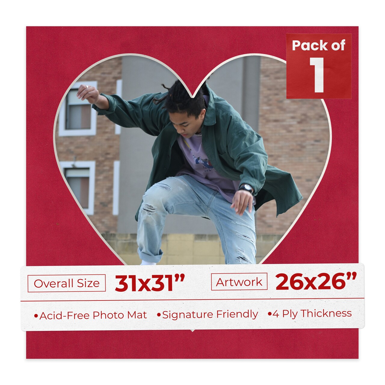 Red Suede Mat Board for 31x31 Frames - Heart Opening for 26x26 Photos
